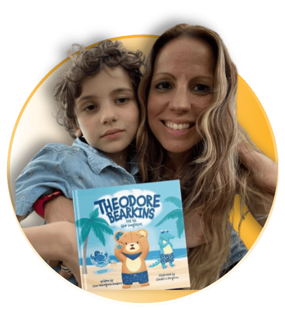 Gina DeGregorio-Sonbert and a young child holding up a children's book inside a circular frame with a gold accent border