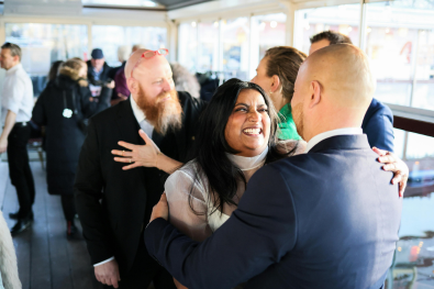 a man and a woman greeting each other